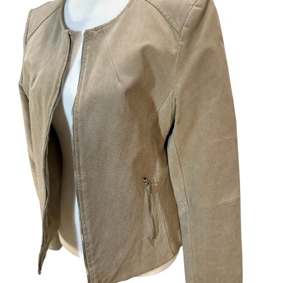 Women’s Taupe/Beige Suede Moto Jacket – Collarless Zip Front - Picture 2 of 8